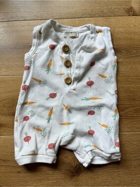 Rabbit + Bear White Baby Romper with Carrot & Beet Print